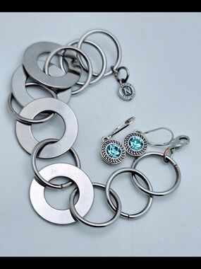 Silver-Tone Linked Circle Bracelet with Aqua Crystal Drop Earrings - Napier